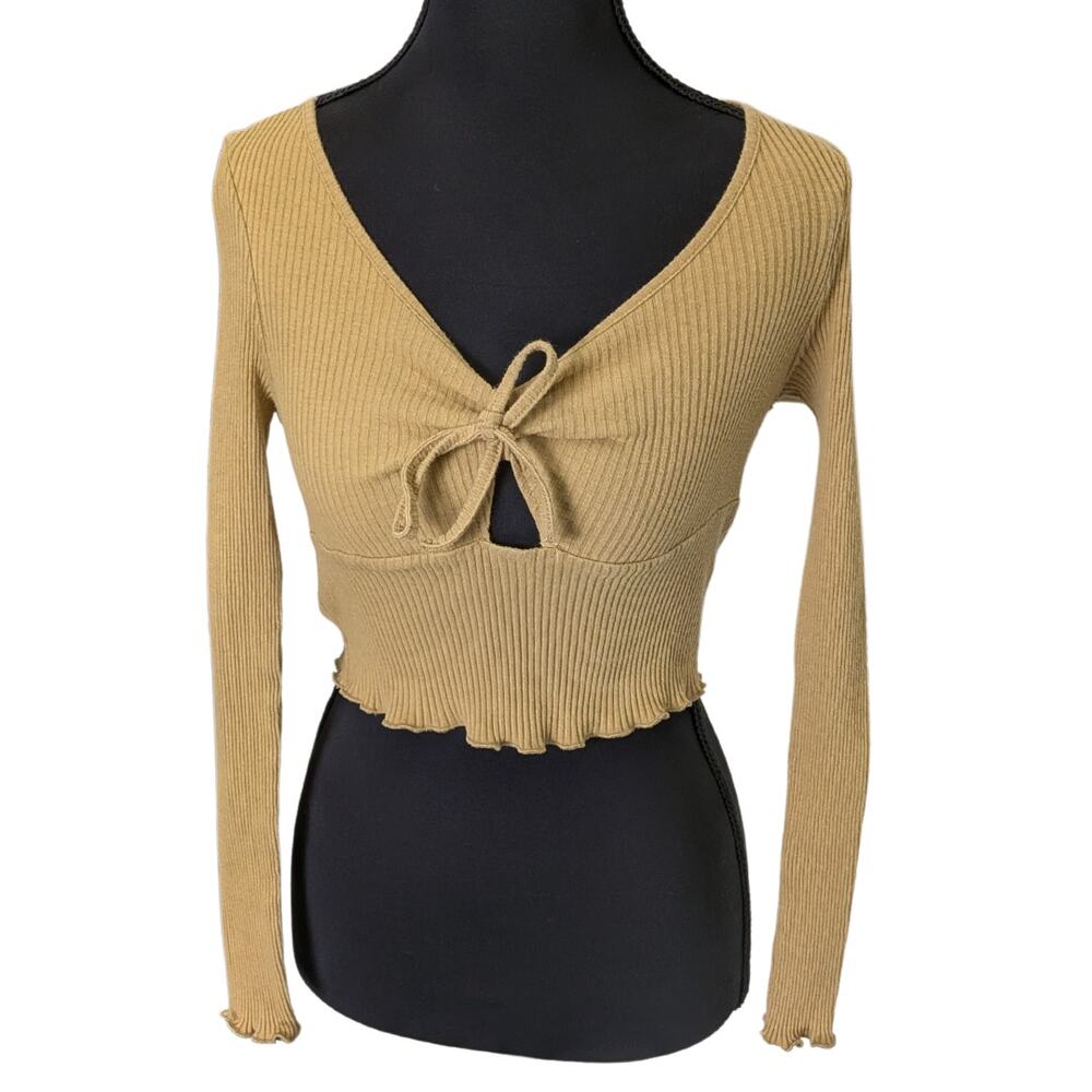 Shein Cropped Tie-Shirt with Center Cutout and Frill Hems/Cuffs | Women's M